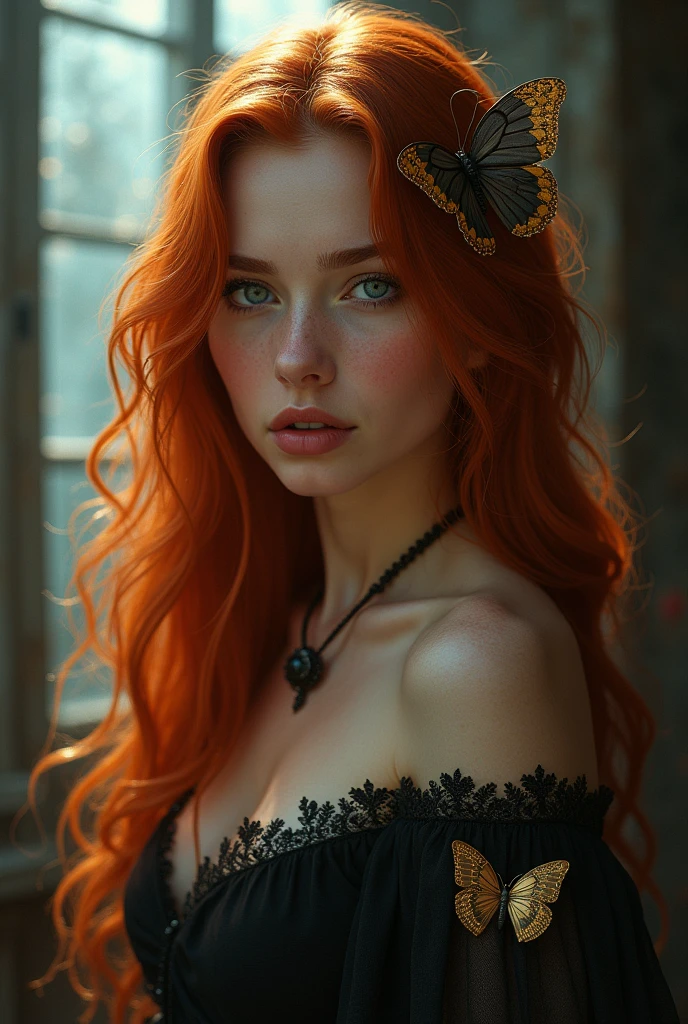 (solo, full body photo:1.3), (action packed:1.3), (haze, fog, mist:1.3), chiaroscuro, best quality, photorealistic, 1woman, (cute), (24yo:1.2), redhead, long ginger hair highly detailed, 1700'S, digital photography, art by artgerm and ruan jia and greg rutkowski surreal painting gold butterfly filigree, broken glass, (masterpiece, sidelighting, finely detailed Fashionable eyes: 1.2) (perfect oval large eyes that gazes at the viewer), beautiful detailed face, blue gorgeous perfect eyes, (blonde hair ponytail), (attractive young woman:1.3), (thick amazing hair), (seductive:1.1), (blushing:1.1)