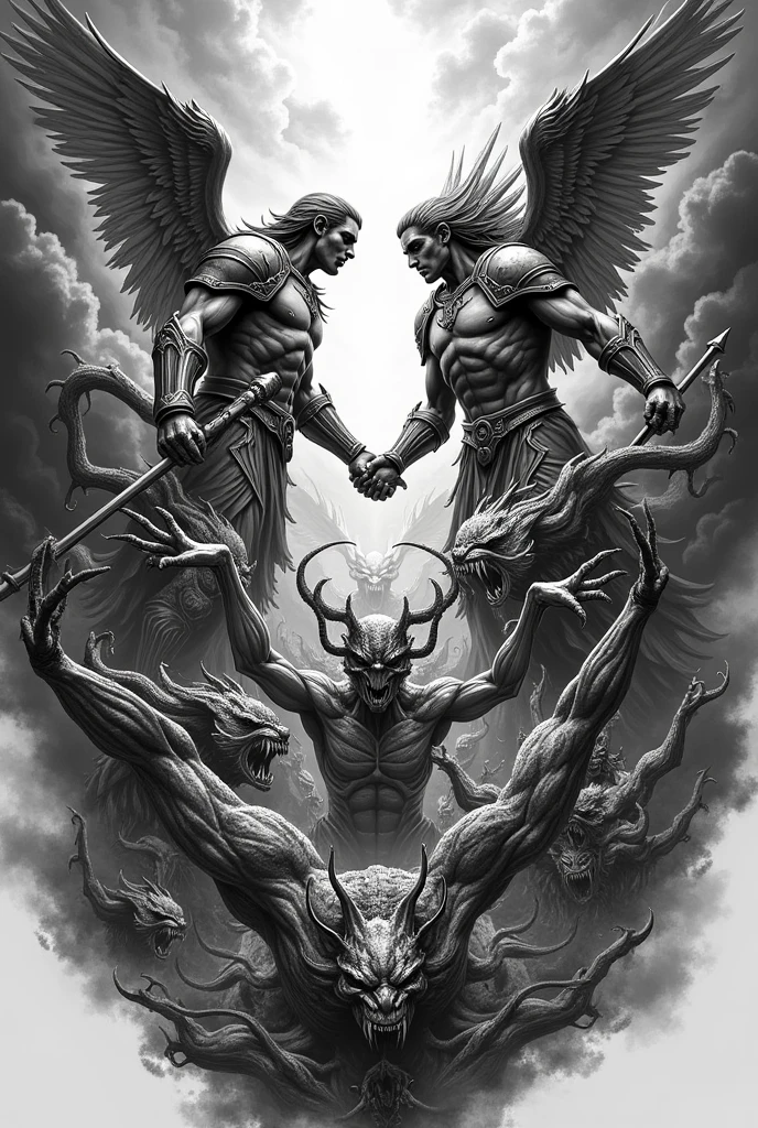 A tattoo design of a war between a horde angels and demons, black and white, arm sleeve