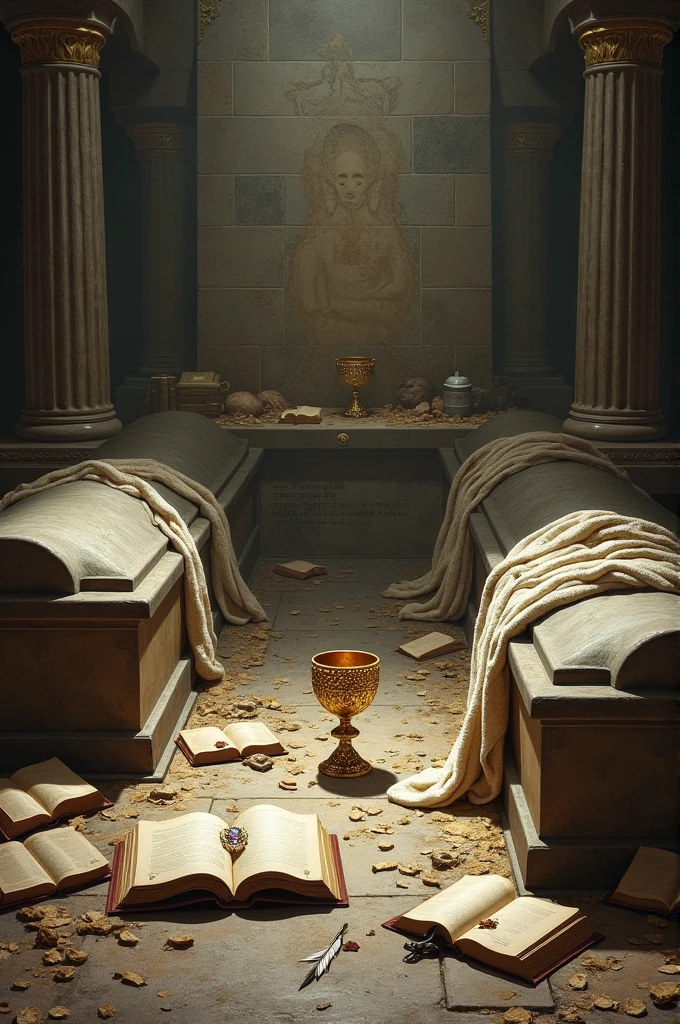 Moth-eaten blankets dangled over the pristine sarcophagi, carelessly thrown to cover the inscriptions. A chalice of gold bedazzled with precious gems stood in no specific spot, as if it was cast aside on a whim. Books lay open on the ground and on the altar for prayers and gifts in the centre of the far wall. With them rested a writing feather and an uncorked jar of ink.