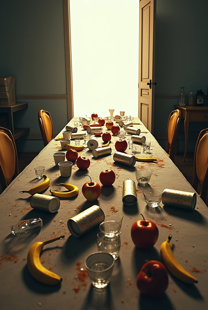 please make a picture，There is a long table in the picture，The long table uses one-point perspective starting from the upper left corner of the picture.，Apples and bananas on the table，There are fallen drink cans and overturned cups on the table，and dirty, dusty glasses，There is a door outside the long table，There is a strong light shining on the table from outside the door。