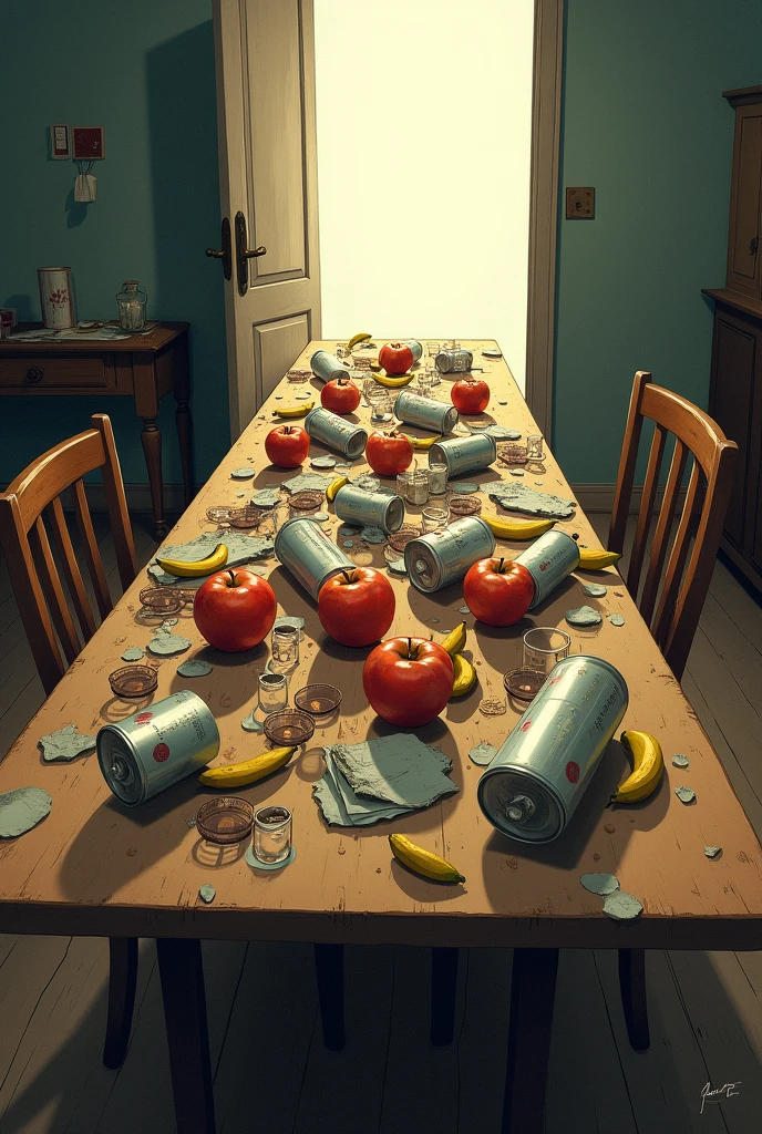 please make a picture，There is a long table in the picture，The long table uses one-point perspective starting from the upper left corner of the picture.，Apples and bananas on the table，There are fallen drink cans and overturned cups on the table，and dirty, dusty glasses，There is a door outside the long table，There is a strong light shining on the table from outside the door。
