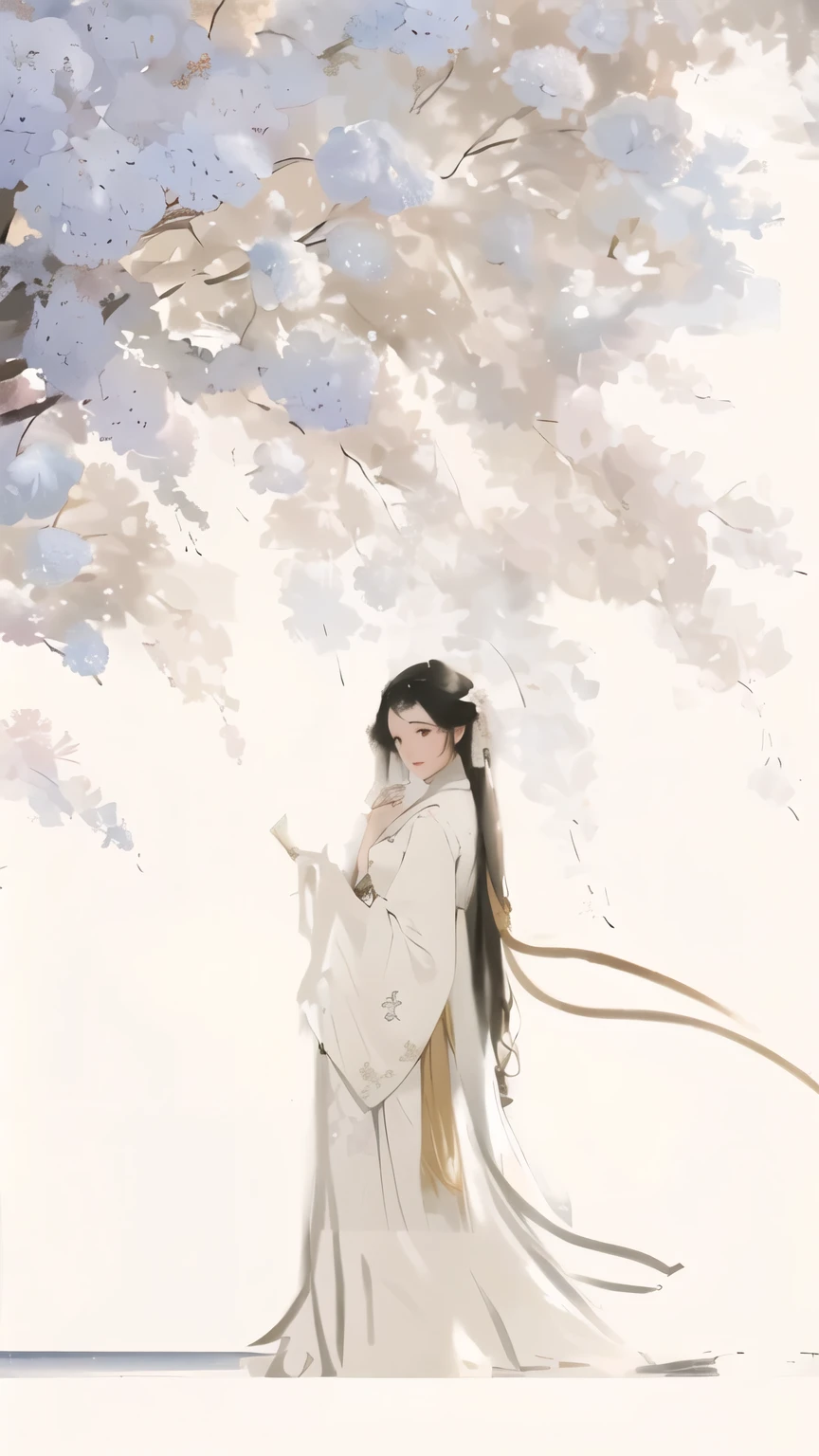 A woman in a white dress stands under a tree, palace , Girl wearing Hanfu, A beautiful artistic illustration, White Hanfu, Gu Weiss masterpiece, artwork in the style of Gu Weiss, Beautiful character painting, Gu Weiss, author:Yang J, Gu Weiss on pixiv artstation, Chinese painting style, author:Cold plum