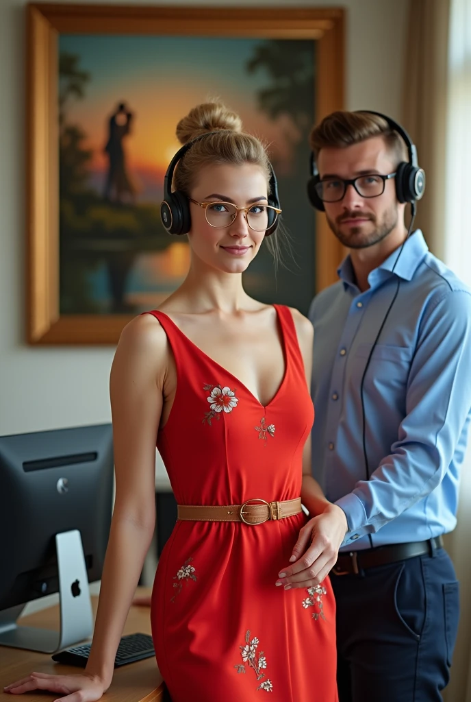 Russian woman is wearing a short red dress with a flower print. Stylish hairstyle, fashionable glasses, headset on. A man in a blue shirt stands nearby with a glass of wine in his hand, a headset on his head. There is a computer on the table. In the background on the wall is a painting of a sunrise and lovers. Profile picture