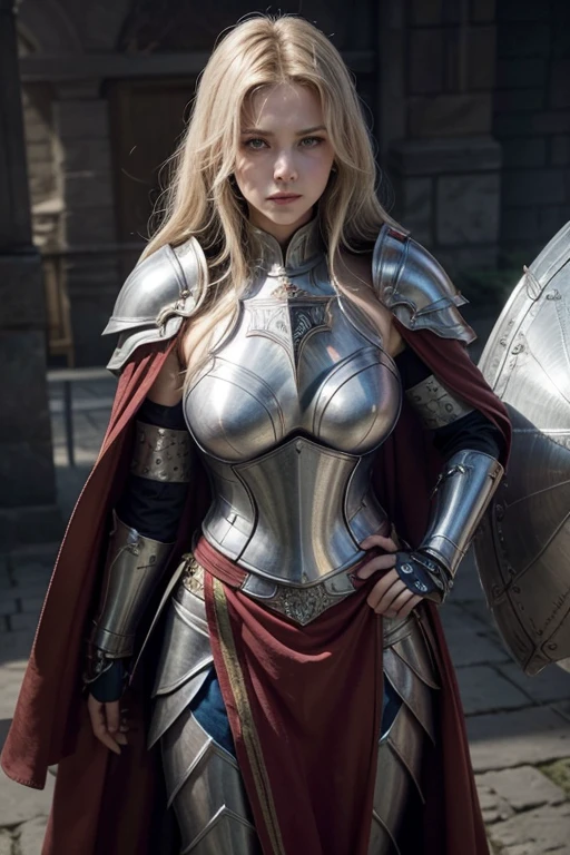 1 female, Mr..々Hairstyle,, big ,Large Breasts,Plump,Sunburn,good,Hard, round, Huge breasts,
A silver full helmet with a beautiful line from the nose to the top of the head..,Cover the eyes completely, A thin slit hides the sharp gaze, Make only part of your face visible.,He wears full silver armor with a beautiful crest on his shoulders., Chest and hips..Engraved,Her family crest Engraved on her shoulder and breastplate, Show your pride as a knight.,Strong metal armor that protects from the wrist to the elbow, Ankles and knees,While retaining the beauty of armor、Allows for range of motion of fingertips and toes。.,A gorgeous red and blue cape that stands out against the silver armor.,The inside of the cape is intricately embroidered, When it flutters in the wind, it gives a noble impression..,Double-handed sword(Large sword)The blade Engraved with ancient characters and shines mysteriously as it reflects light.,Her coat of arms Engraved on the handle,A large tower shield symbolizing the kingdom.'The coat of arms on the front identifies her as the protector of the kingdom.。.,She stands at the center of the battlefield, her sword stuck in the ground and her hands gripping the hilt.,He holds his shield at a slight angle、Staring straight ahead with a piercing gaze.,In the background, A devastated battlefield spreads、Smoke drifts in the air, But she stands firm in the center.,White-haired elf,