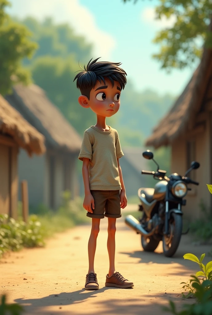 18+Young tall boy sad in village ai 3d image cartoon type with R15 bike