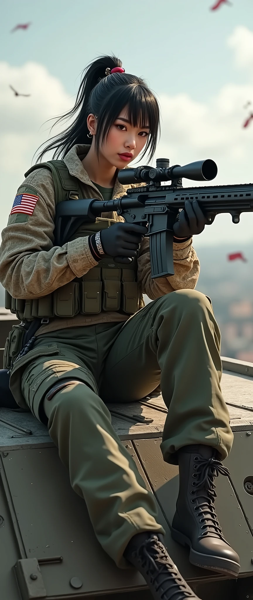 so much swagger trained marine corp militant asian female solider with large recline on a tank smug grin sneer. with an attitue vengance she adorn with pony tail hairstyle adorn hip hop rap style in kevlar black military attire armour sniper rifle on rooftop aiming sniper absolute disrespect bad-mannered