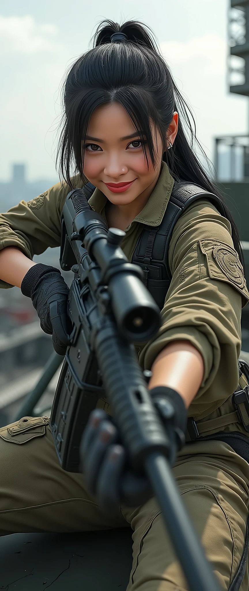 so much swagger trained marine corp militant asian female solider with large recline on a tank smug grin sneer. with an attitue vengance she adorn with pony tail hairstyle adorn hip hop rap style in kevlar black military attire armour sniper rifle on rooftop aiming sniper absolute disrespect bad-mannered