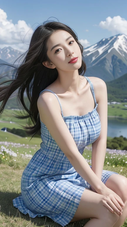 A beautiful and cute Japanese girl, Full body image, extremely beautiful and exquisite, black hair, sweet smile, Delicate, beautiful and fair skin, Big breasts,trueistic and trueistic, Exquisite and complete facial features, Detailed facial depiction, red lips, High nose bridge, flowing smooth hair, extremely delicate hair, femininity, Face light, High target, Thin, true, hyper-true, Forward angle, close to camera, Ultimate picture quality, Highest precision, Precise and perfect human structure. Blue sky and white clouds, mountain peak, Sitting on the grassland, Blue sky and white clouds, Sunlight, Cows and sheep, (Sleeveless spaghetti strap top, floral plaid dress)