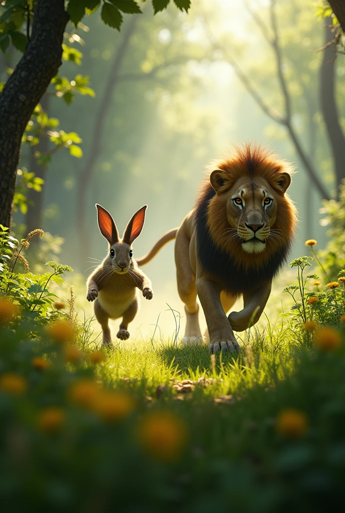 The rabbit sprinting quickly through the underbrush, skillfully evading the lion, with a backdrop of tall grass and trees.