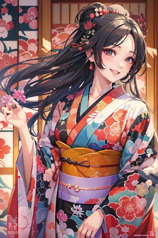 A beautiful woman smiles and shows her upper white teeth、Vividly colored Japanese Ukiyo-e style illustrations、SeaArt creates stunning illustrations of beautiful women in kimono、Brown-black long hair、Beautiful full body style、Beautiful digital illustrations,、Beautiful digital painting, Bright and vivid anime CG art, Detailed digital anime art, Beautiful anime portraits