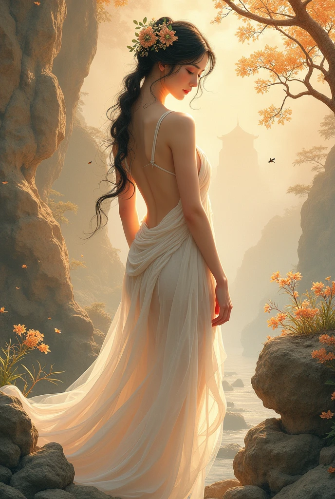 Masterpiece of a beautiful birth of Venus no costume in tradition countryside costume standing in an ancient Chinese location, a beautiful lighting, a juicy Chinese Exquisite painting on Chinese paper , mixed with Zen style, a delicate painting, Chinese composition Style, Chinese painting style in the Dunhuang Grottoes, imperial colors, have a beautiful flower and little insect , good figure, good anatomy
