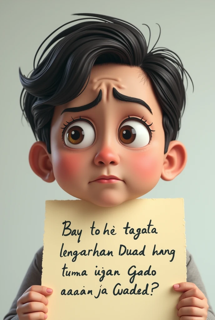 Confused face with written note "What is the history of gado-gado?? Why is it called gado-gado?" The writing uses Indonesian