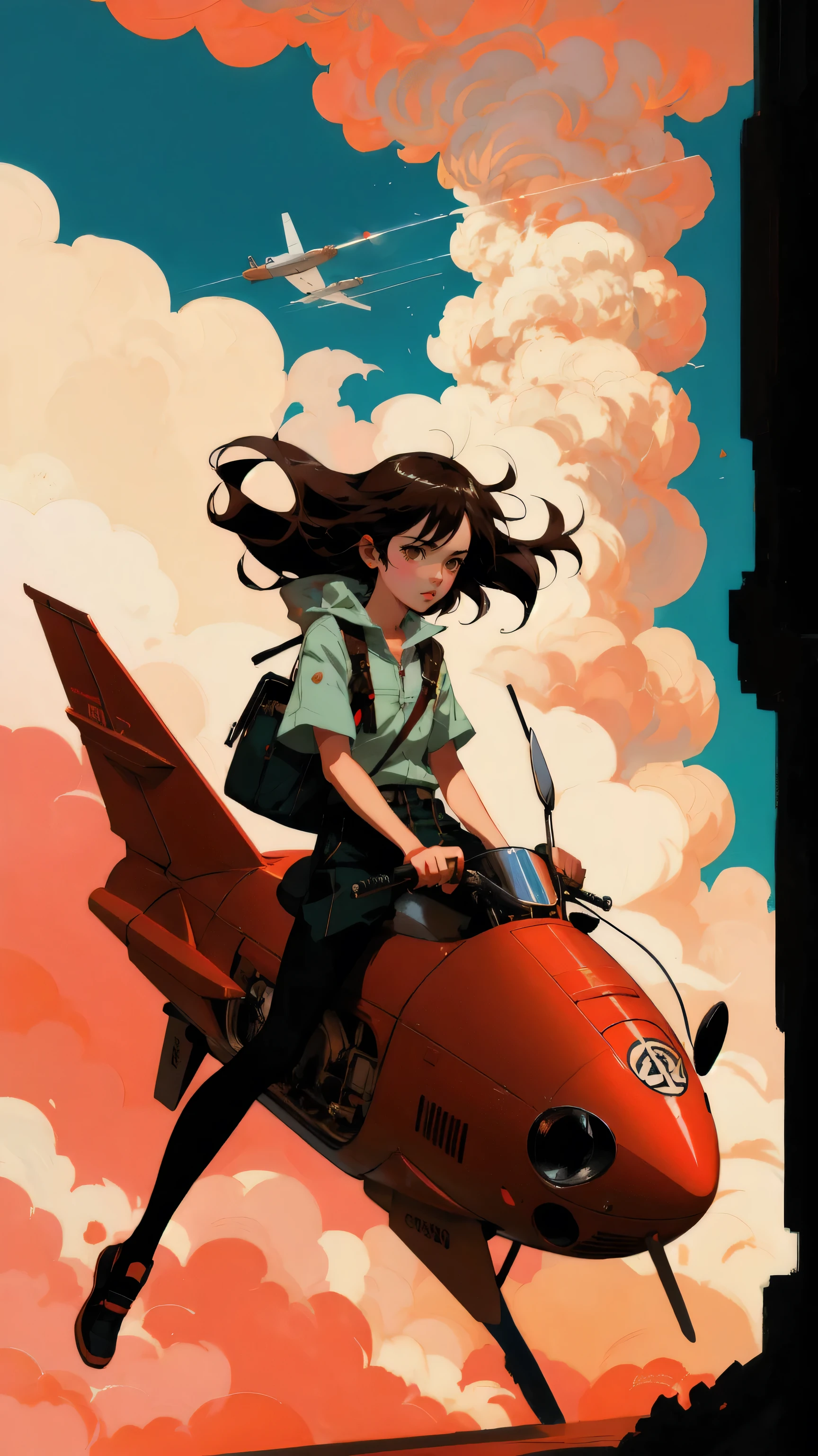 Create a cartoon of a cute, beautiful girl riding a plane in the sky with a rich brown background. Incorporate the text 'Permanent Temporary Fix' seamlessly into the scene. The illustration should be an epic full-color artwork inspired by Rinaldo Cuneo, Josan Gonzalez, Posuka Demizu, Otomo Katsuhiro, and capture the essence of Akira and FLCL art styles. Blend elements reminiscent of JC Leyendecker and Sachin Teng to create a dynamic and visually stunning Akira-style illustration.