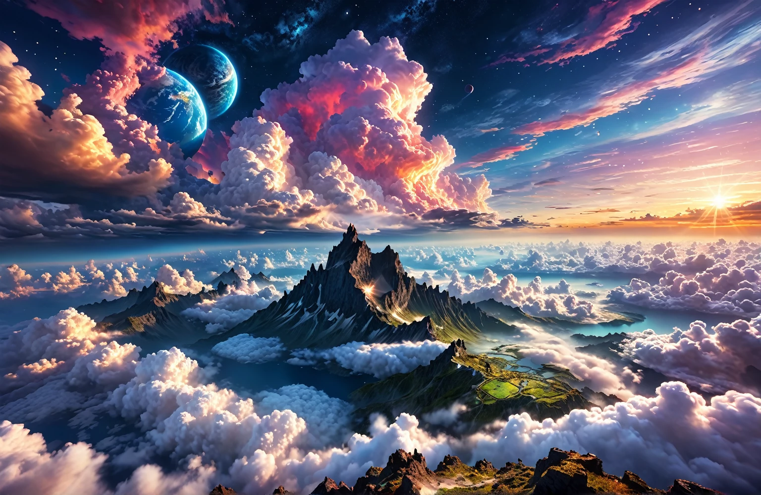 high resolution, Ultra HD, 8k, High Resolution Pixels,Fantasy、Landscape painting、glowing clouds、Above the Clouds、universe 、Sunset、Stars Shining、Earth