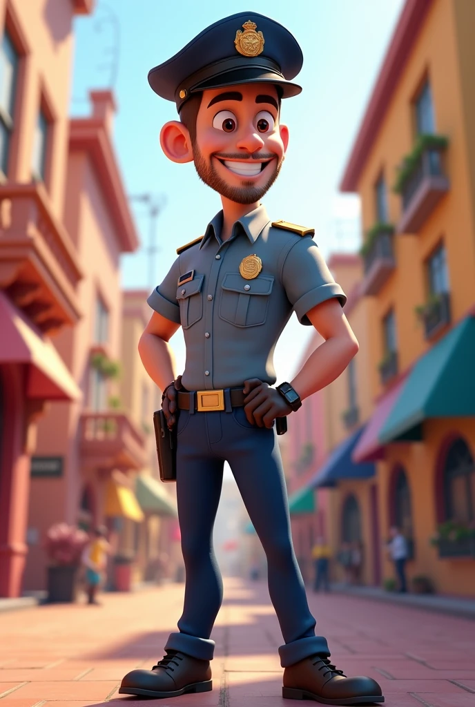 Disney Pixar poster which says male character with short hair, smiling, handsome, wearing gray prison police uniform, likes wearing hats and cotton pants, shoes, items, has a thin beard on his chin, no mustache, 3D animation