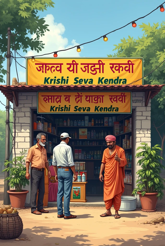 'Jai siya ram krishi seva kendra, kalariya ' banner $
Shop contains some pesticides and seeds
1 hindu seller 3 buyyer people small photo under shop indian hindu farmer people coloured