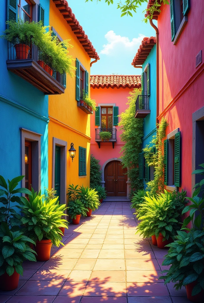 A Painting Of A Courtyard With Colorful Buildings. This vibrant painting depicts a courtyard surrounded by colorful buildings. The courtyard is filled with lush green foliage and is illuminated by the warm sunlight. The buildings feature a variety of vibrant colors,including blues,yellows,and pinks.