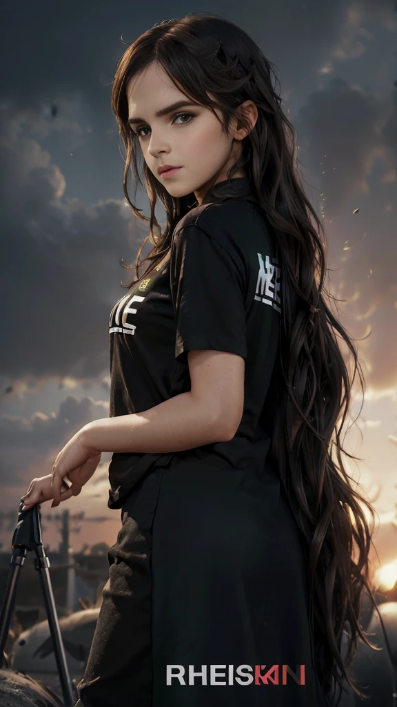 realistic,highres,reality,creative,huge filesize, Palestine flag a (Emma Watson long hair) wearing a black shirt with a palestine flag,free palestine real:2,8k, hyper detailed, cinematic lighting, trending on Artstation