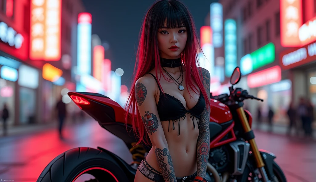 A stunning Japanese cyberpunk biker girl stands leaning against her powerful red and black Ducati Panigale V4 motorcycle, bathed in the vibrant glow of neon and electric lights. Her face is in sharp focus, with extremely detailed features, including long two-tone hair with bangs (black with red highlights) and striking red lips. Her tattered crop-top showcases an Evangelion anime-print design, accentuating her medium and small waist. Tattoos adorn her skin, adding to the edgy atmosphere. God rays illuminate her stunning presence as she gazes directly at the viewer, exuding a sexy po The cyberpunk city street sprawls out behind her, bathed in hyper-realistic detail, with textures and shading creating an anatomically correct masterpiece worthy of retina-scanning quality, retina, accurate, masterpiece, super detail, high details, best quality, award winning, highres, HD, 4K, 8k, 16k, retina, accurate, masterpiece, anatomically correct, textured skin, super detail, high quality, award winning, highres, 8k, 16k