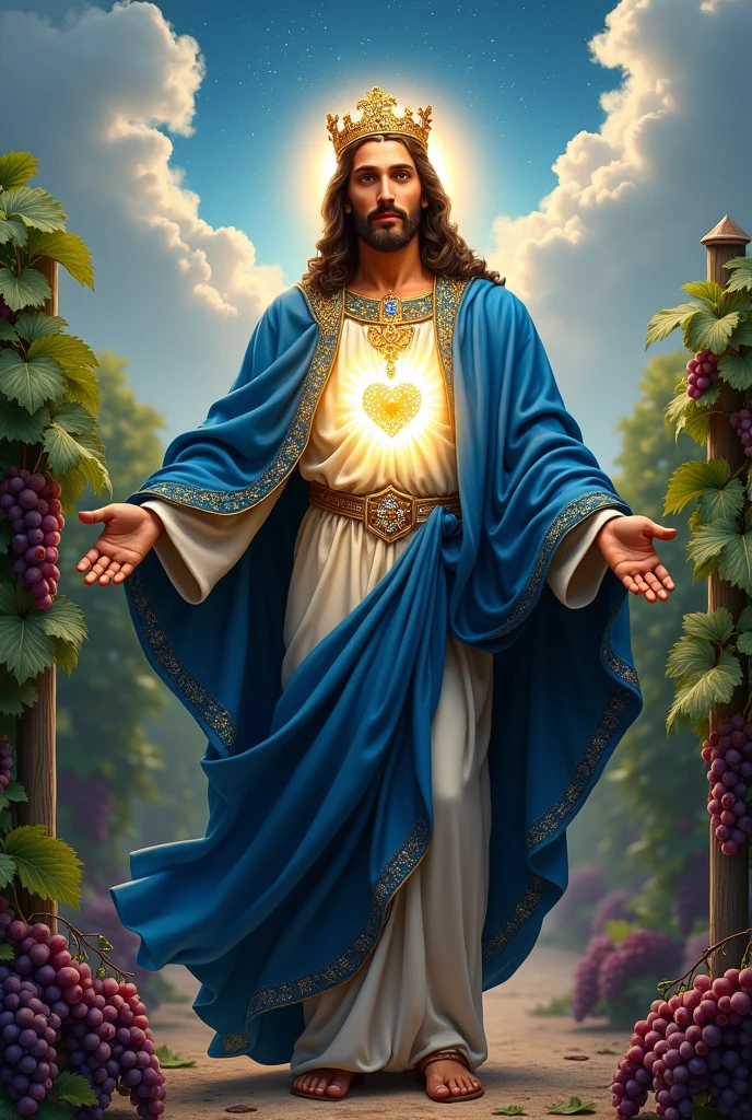 (photorealism:1.2), handsome Jesus Christ, standing straight with many grapes fruits and so many clouds all over, wearing the blue color of King elegant clothes with many diamonds and crown sparkling with light, the head and heart lighting all over, focus on face looking at the camera, nice hair, outdoors, bright lighting, so many clouds and grapes fruits in the background,  so many clouds and sparkling stars all over, cozy grapes garden, relaxed pose, realistic, intricate details, bright colors,