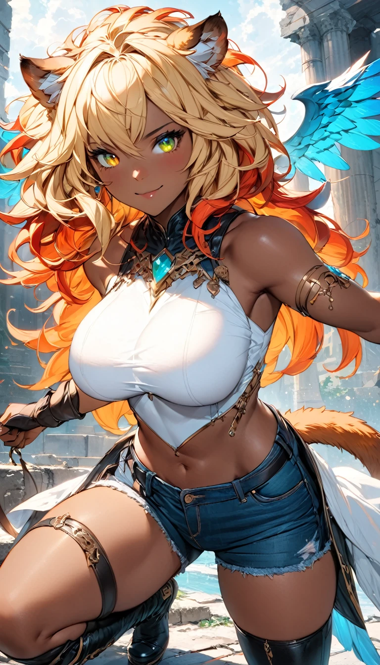 best quality,4k,8k,highres,masterpiece:1.2),ultra-detailed, extremely detailed eyes, extremely detailed body, (large masterpiece digital art), (detailed manga illustration), (detailed line art), ((perfect anatomy)), (intricate details:1.3), (ultra-detailed:1.3), (illustration:1.3), (sharp focus:1.3), (natural lighting:1.05), (vivid colors:1.3), (masterpiece), (best quality:1.4), (perfect anatomy:1.4), high quality, expressive eyes, full body, detailed face, beautiful face, perfect face, 1 girl, tall girl, ((blonde hair)), (red hair), multicolored hair, two-toned hair, ((dark skin)), (((dark skinned female))), griffon, large breasts, thick thighs, very long hair, bare shoulders, denim, (short shorts), dynamic pose, silver jewelry, choker, animal ears, (lion ears), (lion tail), thigh-highs, ((animal ears)), skin dentation, curvy, monster girl, heterochromia, (orange eye), (icy blue eye), ((wings)), feathered wings, black feathers, green glowing feathers, thigh gap, (white shirt), black leather jacket, thigh boots, dynamic lighting, cinematic lighting, smiling, ((Greek ruins background)), Atey Ghailan, Jeremy Mann, Greg Manchess, Antonio Moro, trend in ArtStation, trend in CGSociety, Intricate, High Detail, Sharp focus, dramatic and photorealistic painting art by Midjourney and Greg Rutkowski, Jeff Bridges, ((cartoon style)), Marvel Cinematic Universe style
