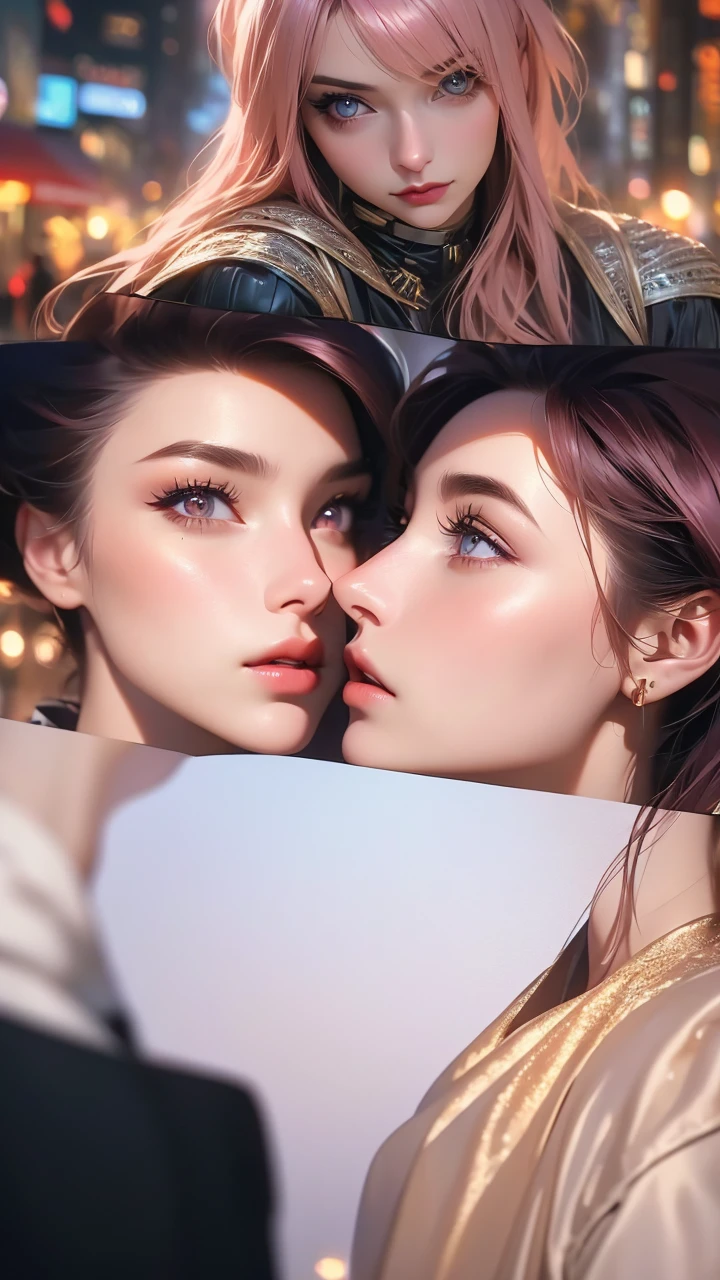 a beautiful woman in a beige dress with expressive beautiful eyes, posing, urban cityscape, black jacket, pink hair, golden hour, shallow depth of field, atmosphere of a first date and young love, (best quality,4k,8k,highres,masterpiece:1.2),ultra-detailed,(realistic,photorealistic,photo-realistic:1.37),intricate details,extremely detailed facial features,gorgeous detailed eyes,beautiful detailed lips,stunning portrait,cinematic lighting,warm color tones,romantic ambiance