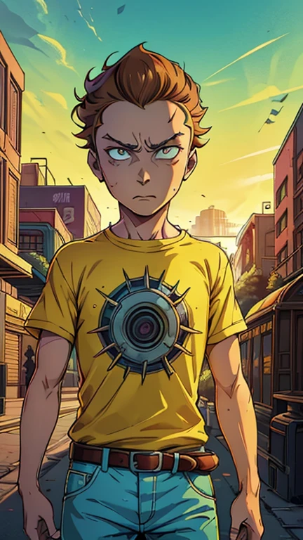 (Teens:1boy: Morty Smith), (extremely detailed CG unit 8k wallpaper),(master part), (best quality), (ultra detail), (best illustration),(dan Mumford), cowboy shot, (Sharp eyeliner, ombre, detailed eyes:1), Suburban, outdoor, ,break , (Art Adams Style), upper body, short brown hair, yellow t-shirt,