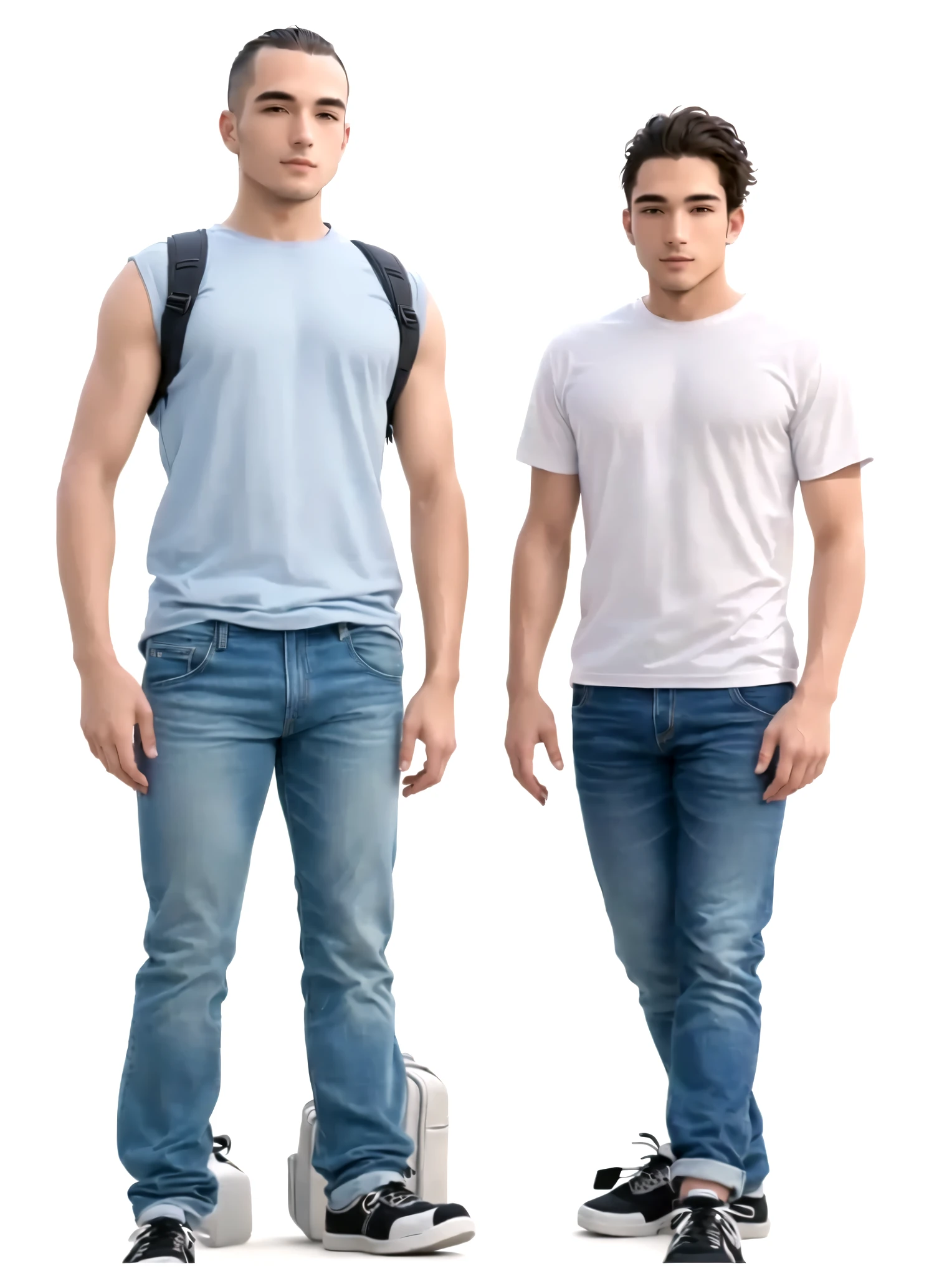 two men standing next to each other, the left one has with backpack on his shoulders, tall and slim figured, realistic portrait full body, full body and face, full body and head, two skinny figures, photorealistic full body, full body realistic portrait, realistic person, zoomed out full body, fully body portrait, sneakers, jeans, casual, from Croatia full body pictures,