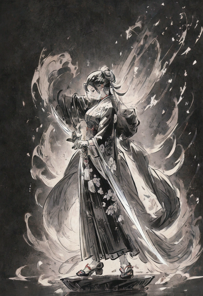 Anime Character Design Japanese style Anime Character Reference Sheet Concept Character black and white manga style Taisho Romance action knife full body woman