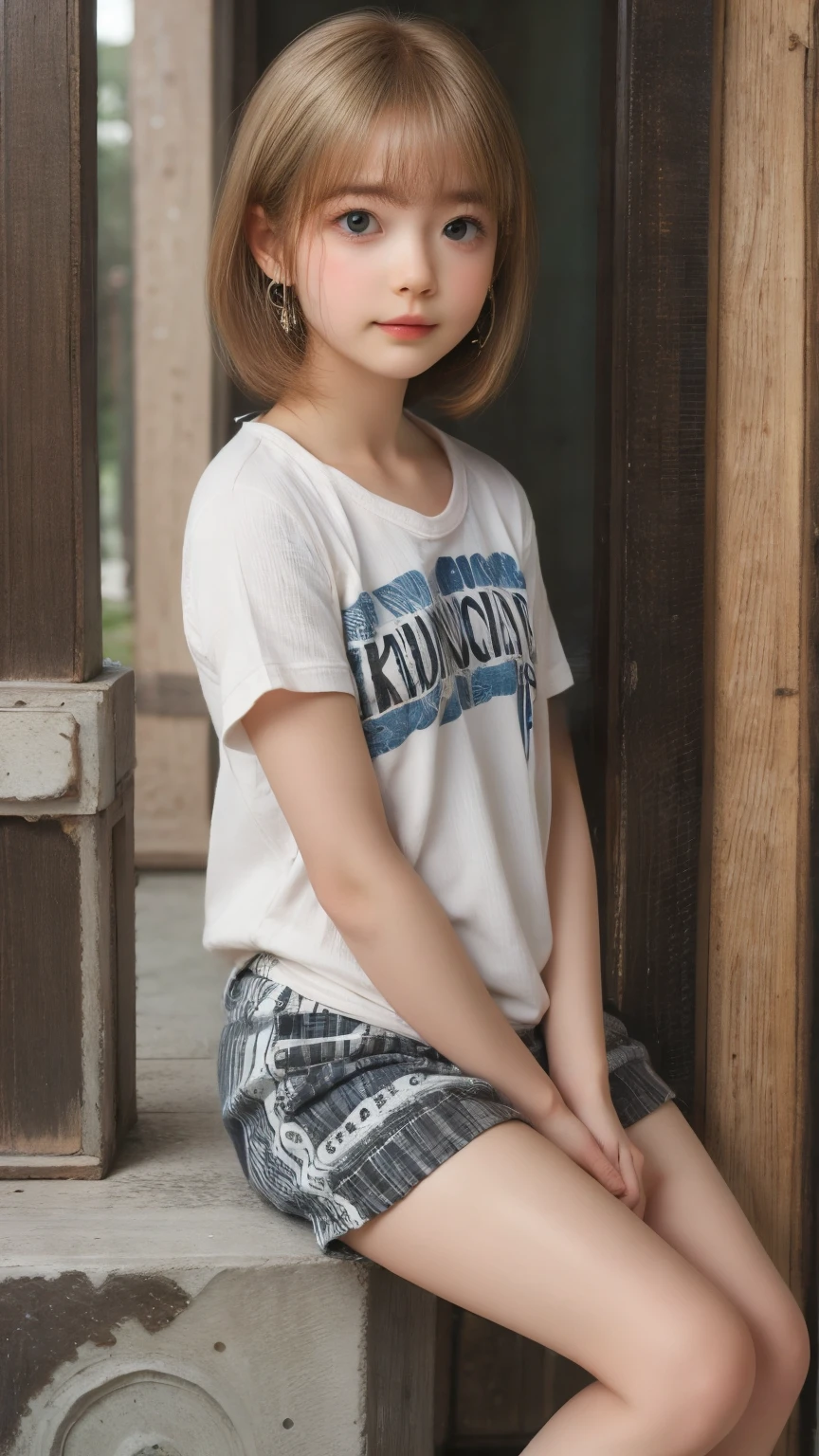 ((Are standing)) , (Hands on knees) , Leaning forward , masterpiece , Highest quality , Very detailed , (15-year-old female)、Blonde、Short Hair、Earrings