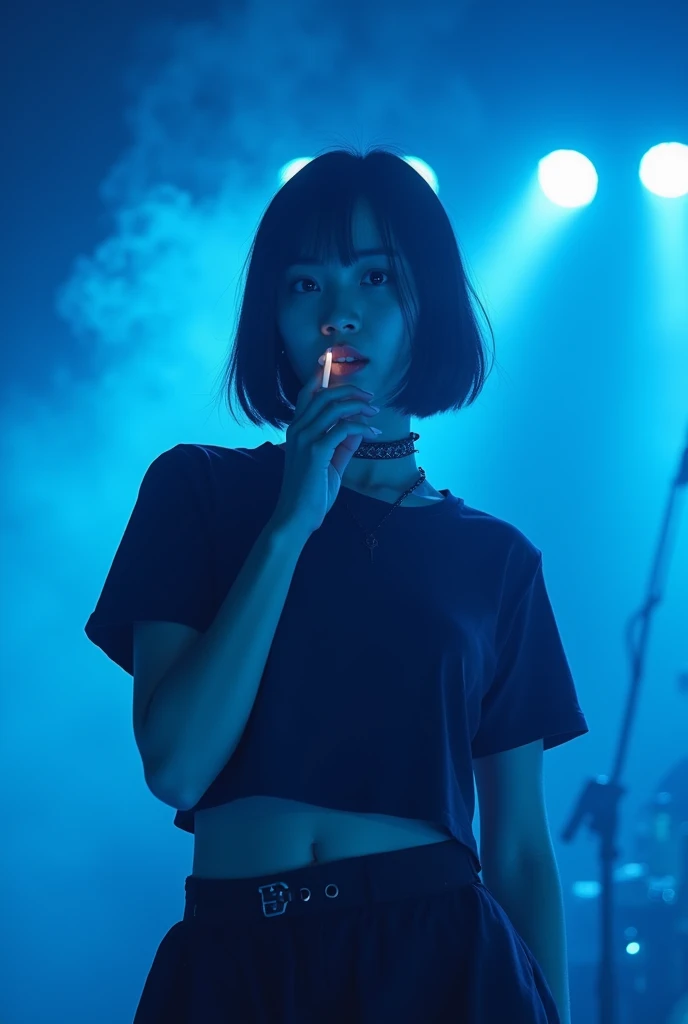 Blue lighting、smoke、Live footage、18-year-old female。Asian woman with short bob、Straight hair、band、skirt、Beautiful Face、punk、Large Breasts、Satomi Ishihara、black t-shirts、ペニスが押し込めるほどLarge Breastsの谷間、Stage lighting、cigarette、haze、Alice Hirose、Solo artist、skirtめくり、