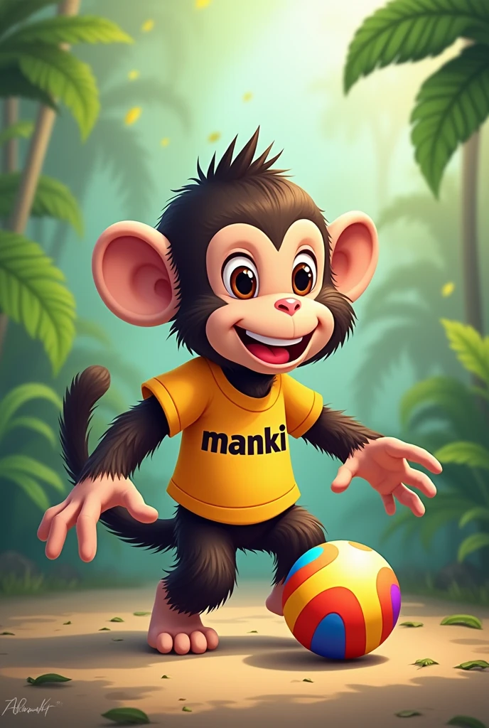 Monkey in a T-shirt with the inscription Manki, who plays with a ball 