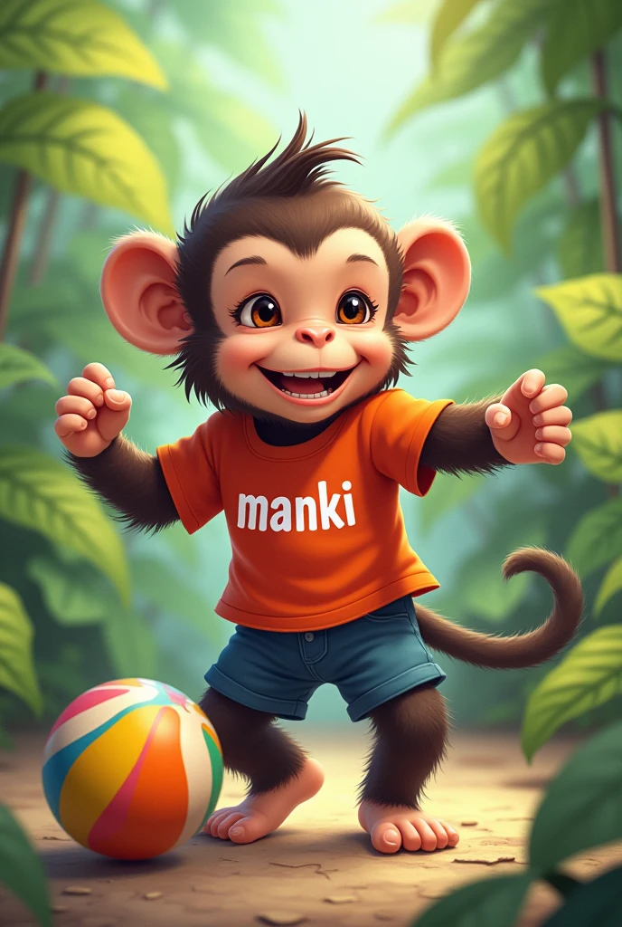 Monkey in a T-shirt with the inscription Manki, who plays with a ball 