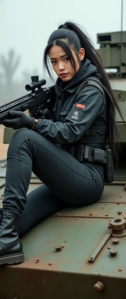 so much swagger trained marine corp militant asian female solider with smug grin sneer. with an attitue vengance she adorn with pony tail hairstyle adorn hip hop rap style in kevlar black military attire armour sniper rifle on recline on a tank aiming sniper absolute disrespect bad-mannered