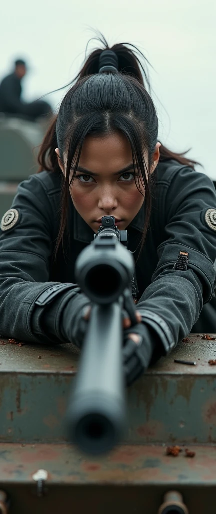 so much swagger trained marine corp militant asian female solider with smug grin sneer. with an attitue vengance she adorn with pony tail hairstyle adorn hip hop rap style in kevlar black military attire armour sniper rifle on  recline on a tank aiming sniper absolute disrespect bad-mannered