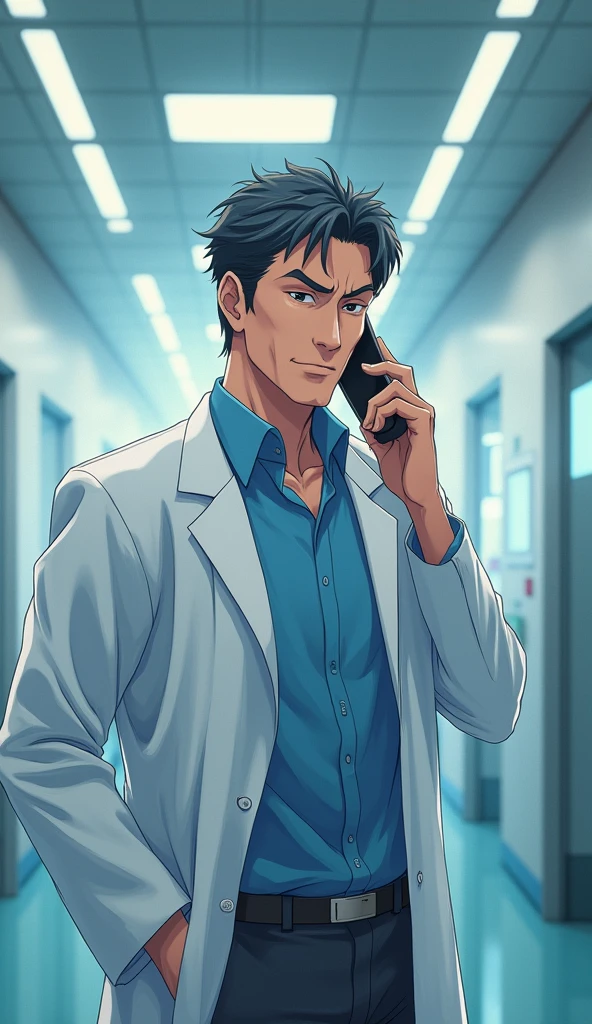 an anime style image of a doctor around age 50 talking on phone. hospital backround. cinematic scene