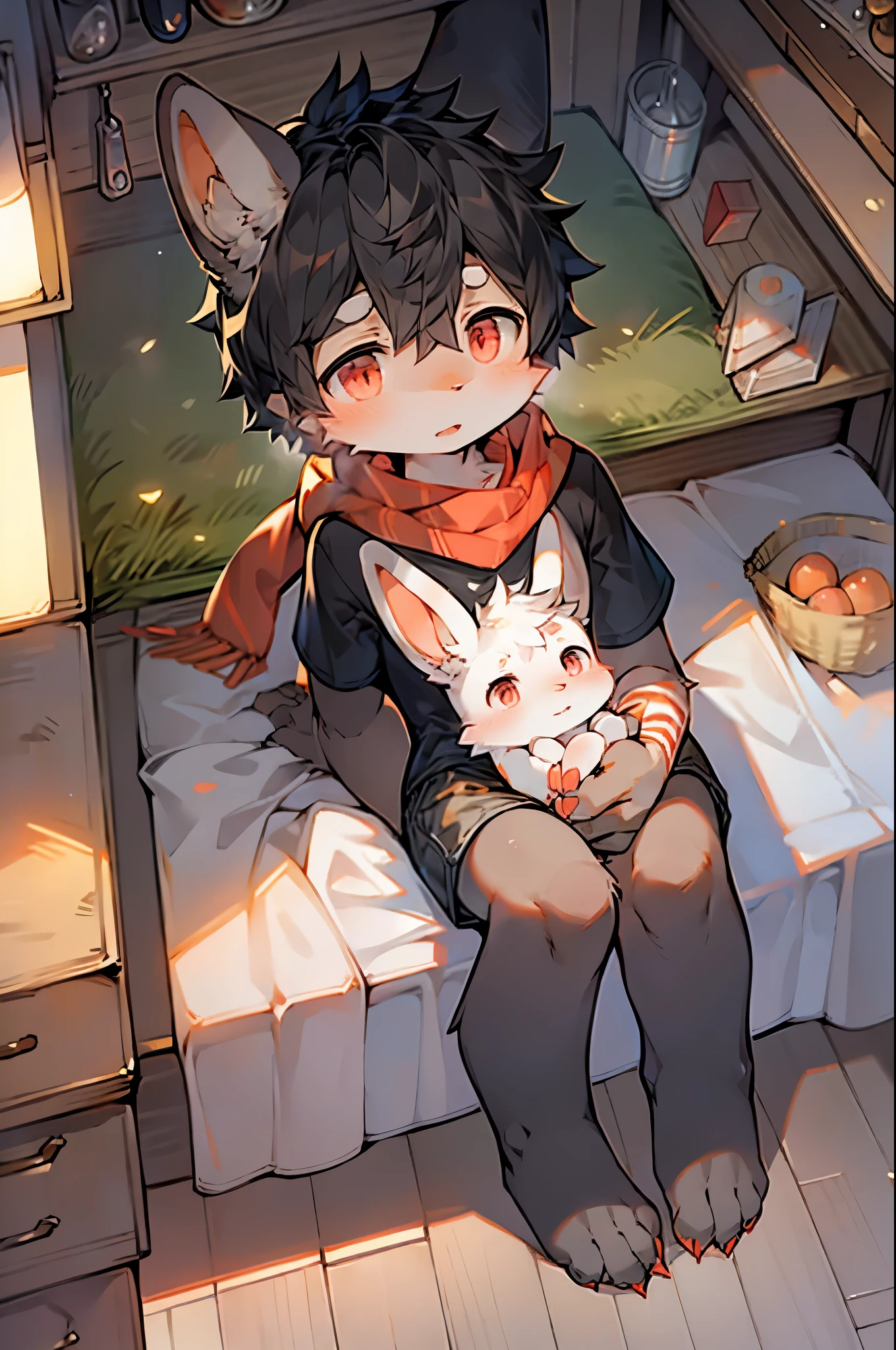 White Rabbit Boy,Bunny ears,Furry boys,Infant and child characteristics,White skin,Gray Arm,Little Feet,Red pupil,scarf,Short sleeve,shorts,