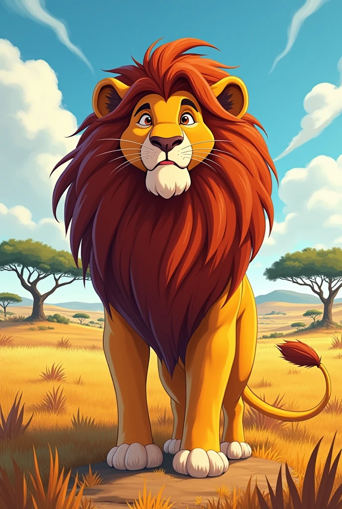 A full-page of a children cartoon book of Lion stepping forward, his mane flowing 
majestically, as he declares his claim to the throne with image ratio 16:9