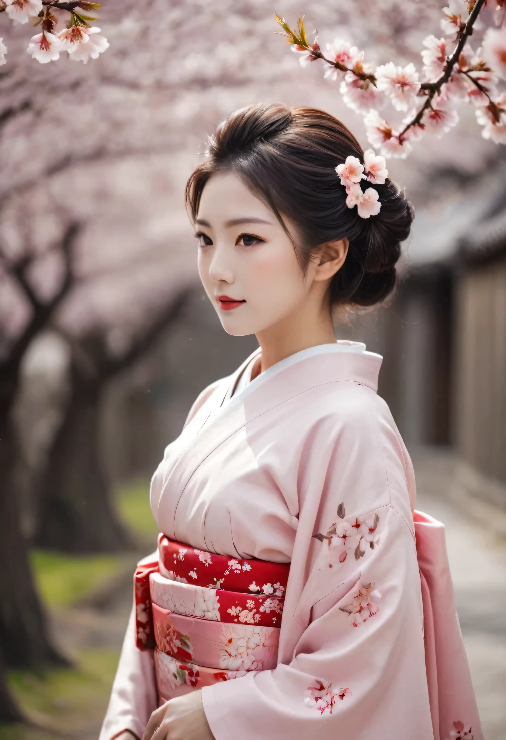 (A geisha stands gracefully under a cherry blossom, Look back and smile: 1.37), Pink cherry blossom petals next々And they scatter, Enlarge your eyes, Straight eyebrows are not only eye-catching、Informal, Cleanse the entire face. Typical Japanese Geisha, Wearing a gorgeous kimono embroidered with red and gold cherry blossoms, This is a long-sleeved kimono, Wearing clogs, Realistic depiction of light and shadow, Realistic and exaggerated photos, super high quality, Super Details, Cinematic shots, Shallow depth of field