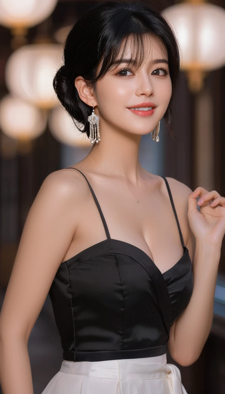One person, beautiful girl, Photographed from waist to head, fine grain, Perfect functionality, (masterpiece), (Highest quality), (Good quality), Intricate details, Earrings, Ray Tracing, (See through), (Bokeh), (Written boundary depth), Perfect Skin, Happy, short black hair, huge breasts:1.1, cleavage