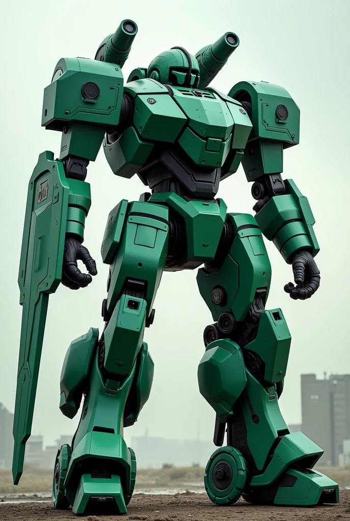 Robot Jaegers , Green Emerald Colour , have 
Nuclear Vortex Turbine on his chest , Have Plasma sword on Left hand and Plasma Cannons On Right hand , Shield on behind back and Two Missile shoulder .