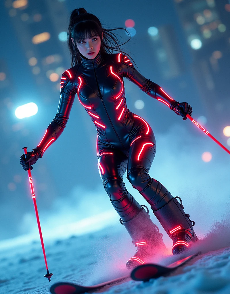 photo-realistic, ultra-realistic, very beautiful Japanese, famous Japanese idol, 20 years old, dramatic scene, masterpiece, beautiful eyes, cyber punk, (wearing a tight fitting cyber punk mecha armored bodysuits made of hard plastic with neon marker), (glossy hard plastic armor), (neon illuminated suits), (she is extremely acrobatic skiing at night), amazing view of her dynamic movement, acrobatic pose, dynamic angle, spectacular, Nimble movements, Sharp turns, (very large breasts),