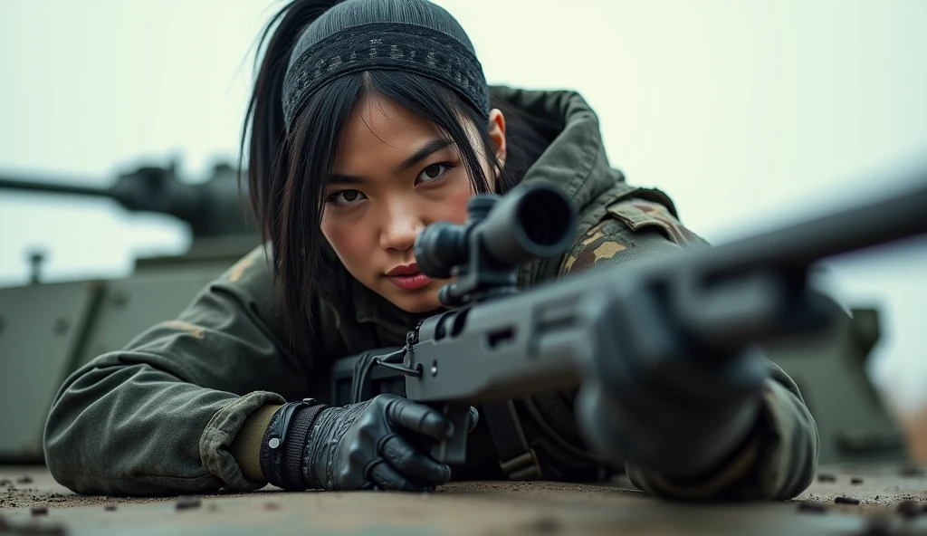 so much swagger trained marine corp militant asian female solider with smug grin sneer. with an attitue vengance she adorn with pony tail hairstyle adorn hip hop rap style in kevlar black military attire armour sniper rifle on recline on a tank aiming sniper absolute disrespect bad-mannered