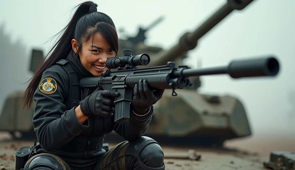 so much swagger trained marine corp militant asian female solider with smug grin sneer. with an attitue vengance she adorn with pony tail hairstyle adorn hip hop rap style in kevlar black military attire armour sniper rifle on recline on a tank aiming sniper absolute disrespect bad-mannered