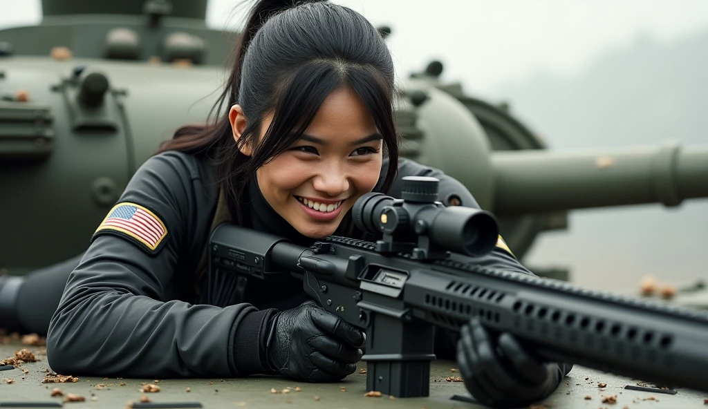 so much swagger trained marine corp militant asian female solider with smug grin sneer. with an attitue vengance she adorn with pony tail hairstyle adorn hip hop rap style in kevlar black military attire armour sniper rifle on recline on a tank aiming sniper absolute disrespect bad-mannered