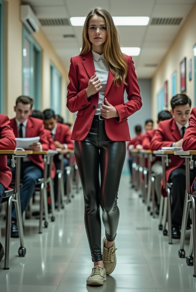 Young girl in a latex leggins at school