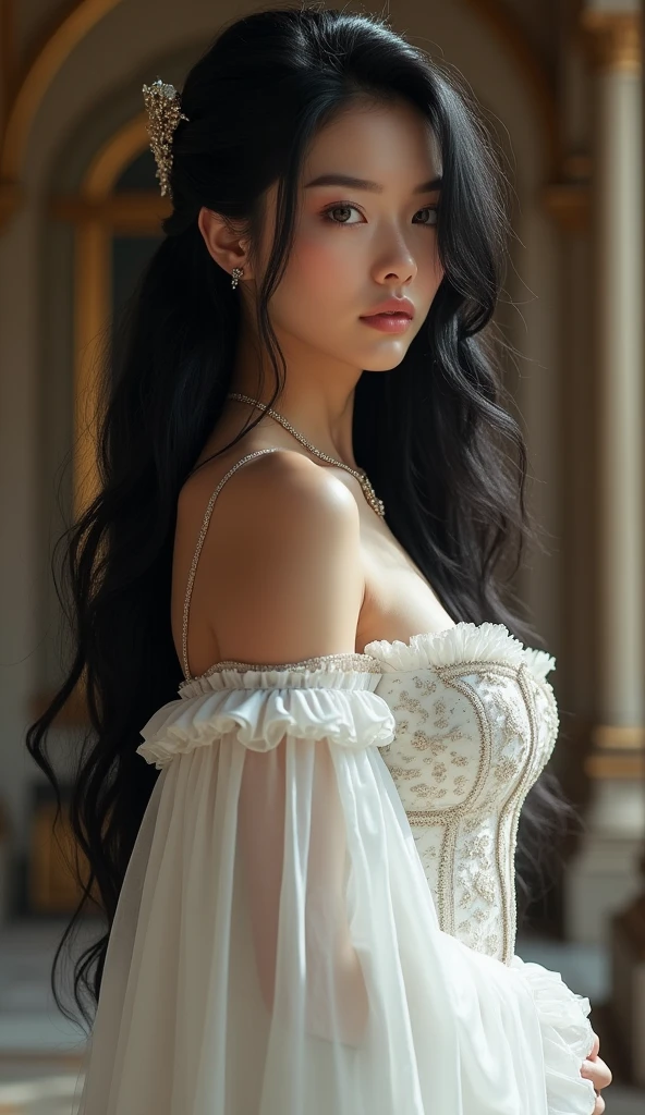 beautiful empress, pale skin, medieval, brunette, tall, stunning beauty, white colors, dark black long hair, whole posture, european, elegant, shy, majestic, slutty, erotic