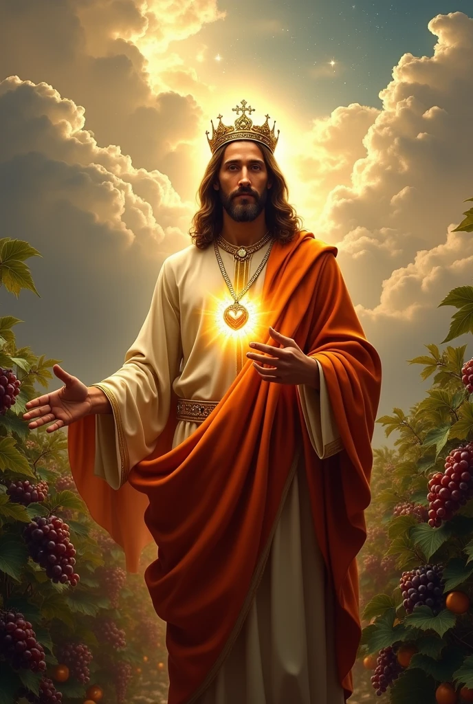 (photorealism:1.2), handsome Jesus Christ, standing straight with many grapes fruits and so many clouds all over, wearing the orange color of King elegant clothes with many diamonds and crown sparkling with light, the head and heart lighting all over, focus on face looking at the camera, nice hair, outdoors, bright lighting, so many clouds and grapes fruits in the background, so many clouds and sparkling stars all over, cozy grapes garden, relaxed pose, realistic, intricate details, bright colors,