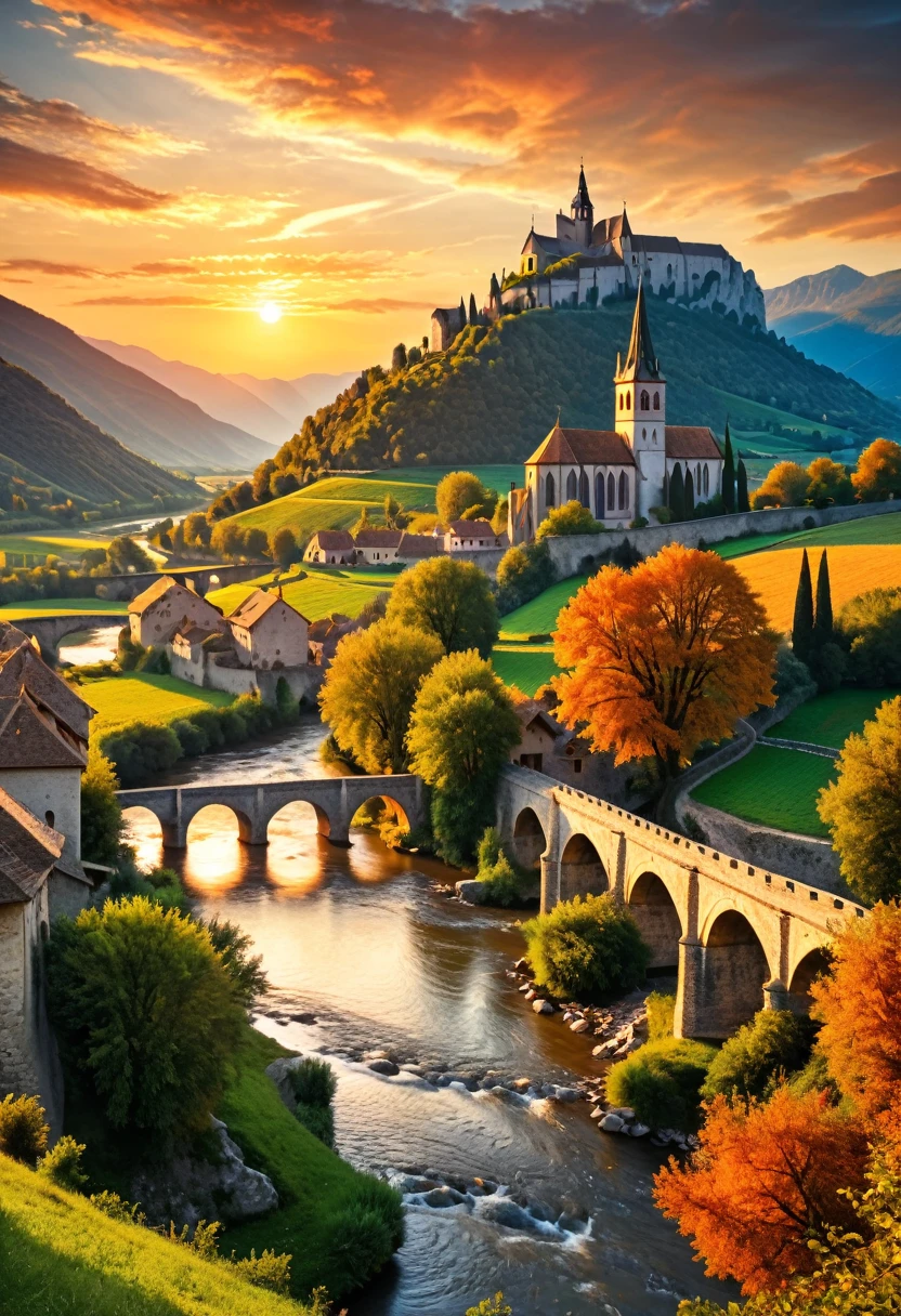Masterpiece, high resolution, best composition, medieval European countryside, beautiful sunset, breathtaking beauty, church standing, river flowing, stone bridge hanging, mountains in the distance, orange sky.
