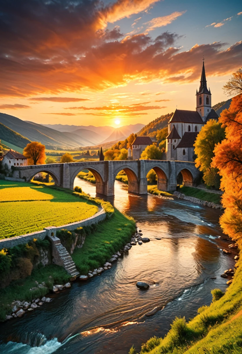 Masterpiece, high resolution, best composition, medieval European countryside, beautiful sunset, breathtaking beauty, church standing, river flowing, stone bridge hanging, mountains in the distance, orange sky.